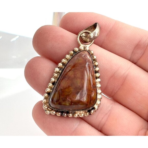 Botswana Agate Triangular Sterling Silver 925 Bead Framed Vintage Pendant - Picture 1 of 10
